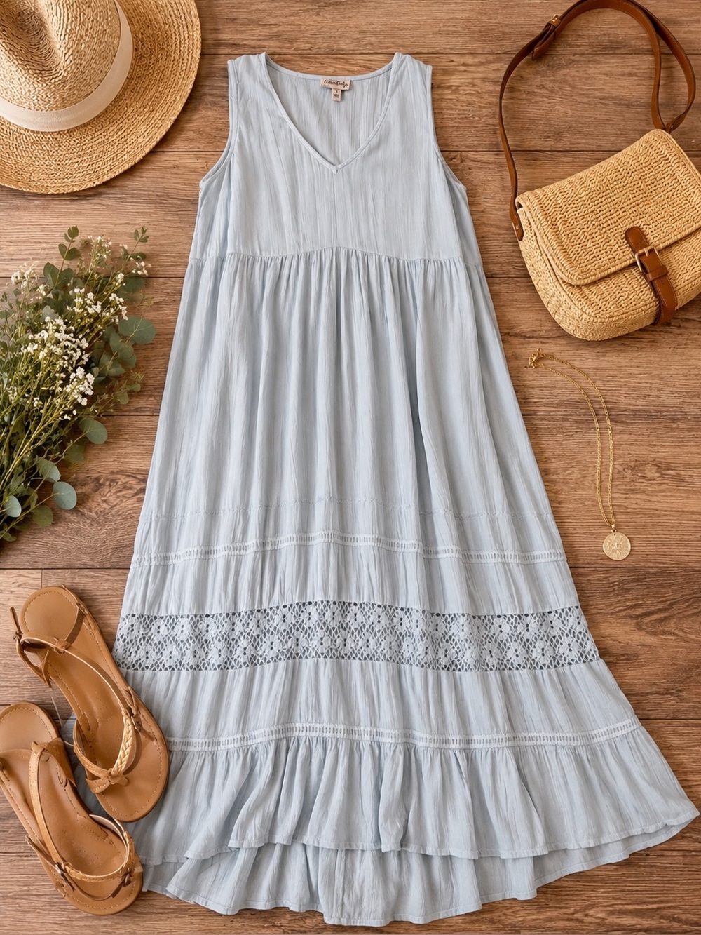 Wanderly Light Blue Boho Maxi Dress Sleeveless Lace Size S